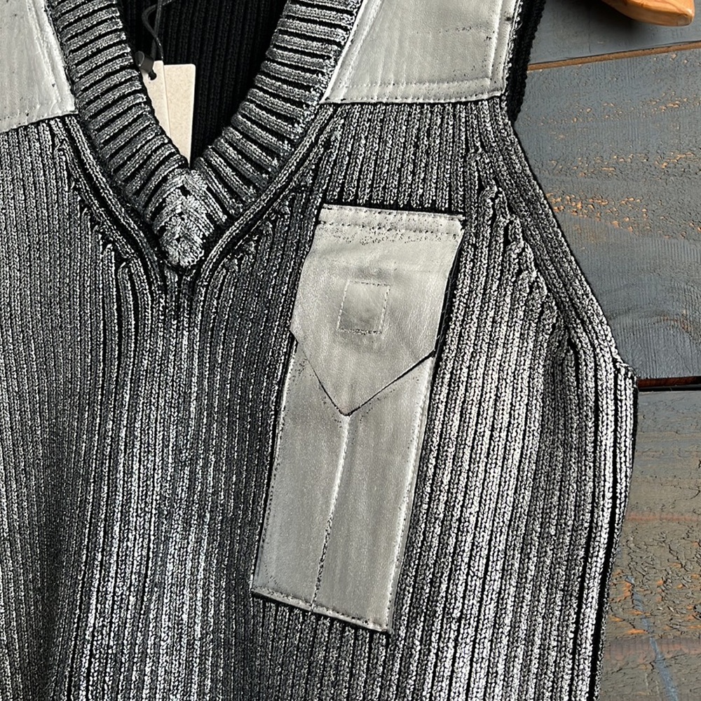 Zoey W. Los Angeles Metallic Knit V Neck Patch Vest Grey Silver - Picture 6 of 12